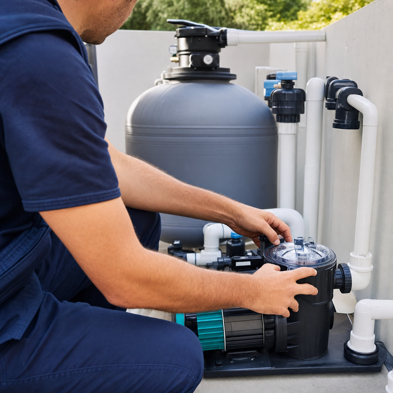 Pool technician inspecting modern pump and filtration equipment